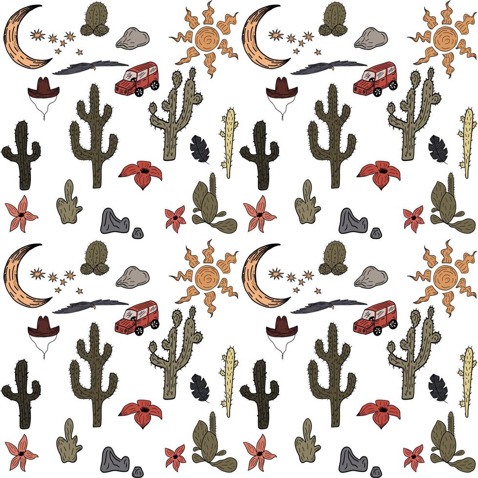 Western vibes pattern with cactus car and sun vector