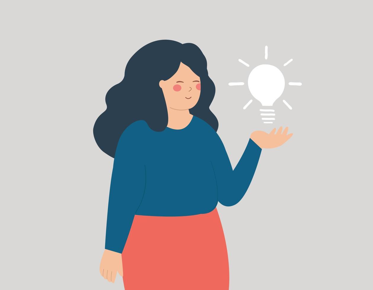 Businesswoman hold a business idea and looks confident of herself. Young entrepreneur female points with her index finger on a light bulb over her. Concept of creativity, innovation, solution, mindset vector