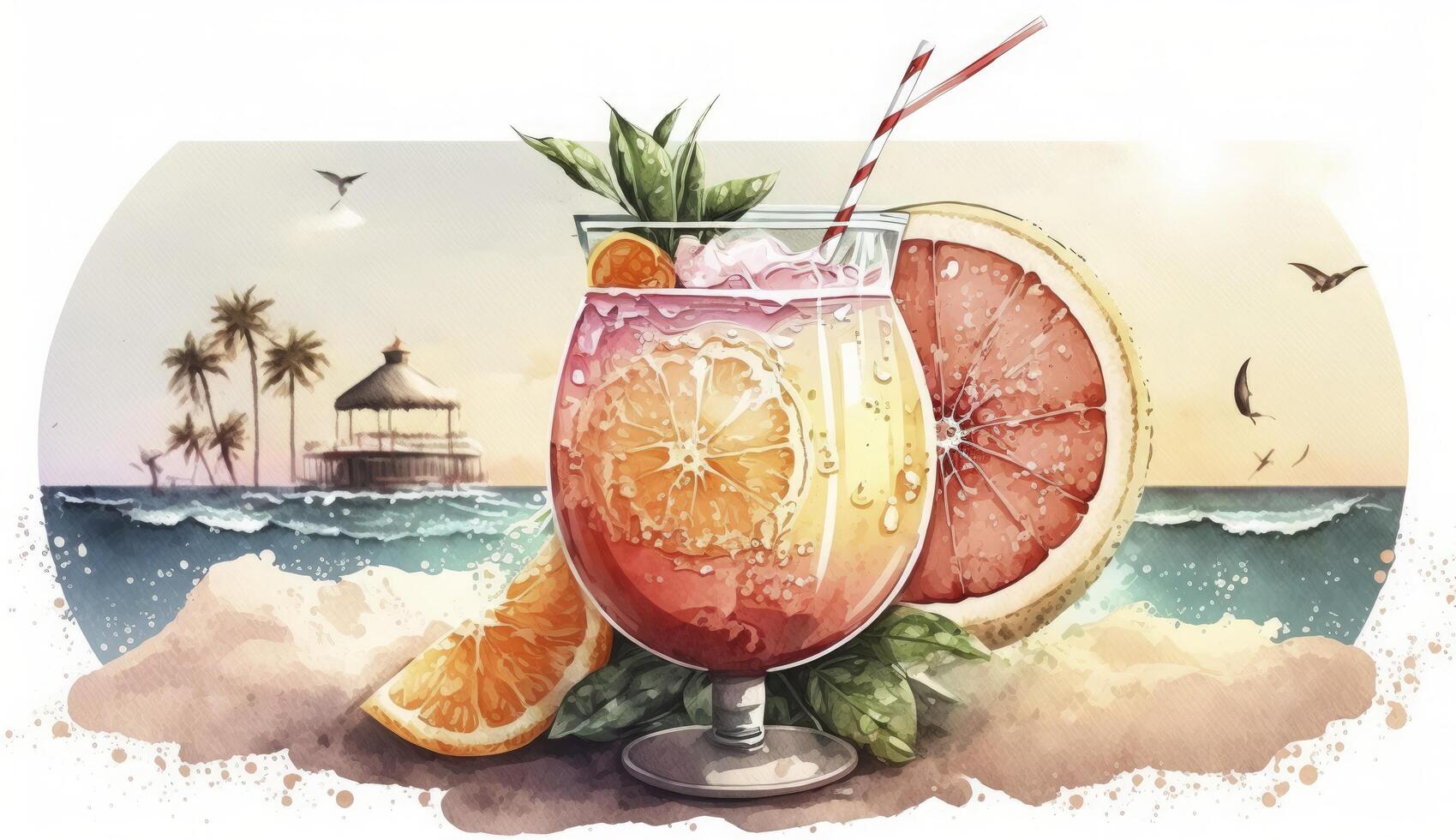 grapefruit summer cocktail on sea, watercolor style illustration, photo