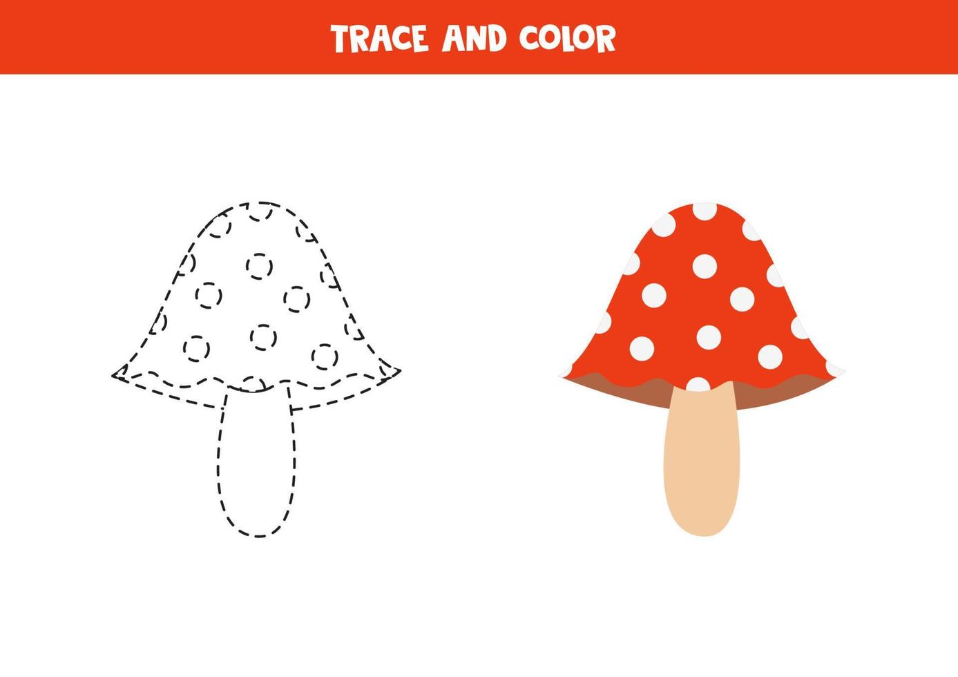 Trace and color cartoon red fly agaric. Worksheet for children. vector