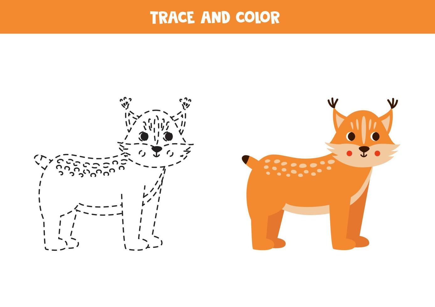 Trace and color cartoon lynx. Worksheet for children. vector