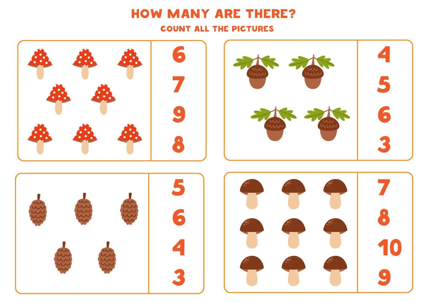 Counting game with cute forest elements. Educational worksheet. vector