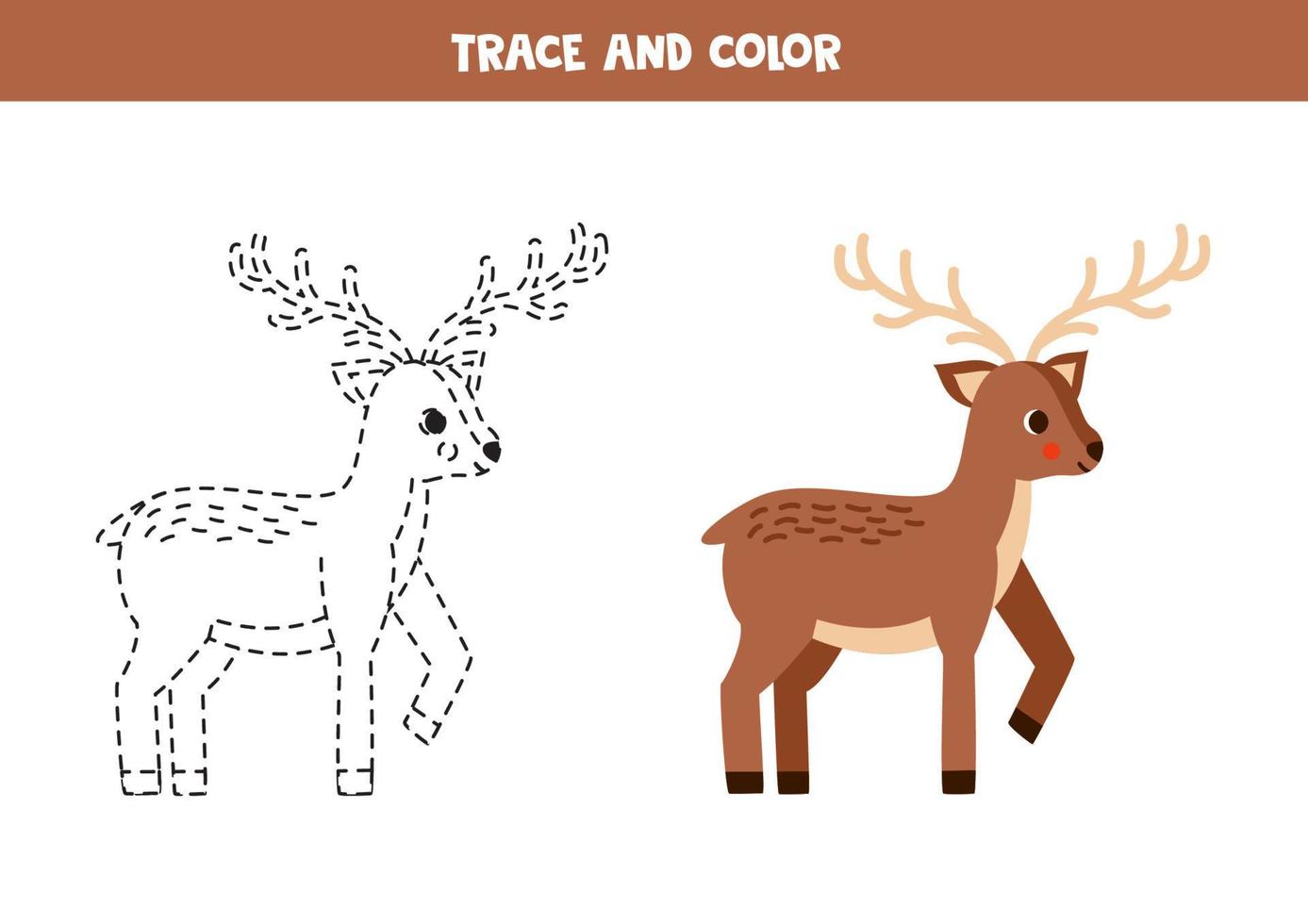 Trace and color cartoon brown deer. Worksheet for children. vector