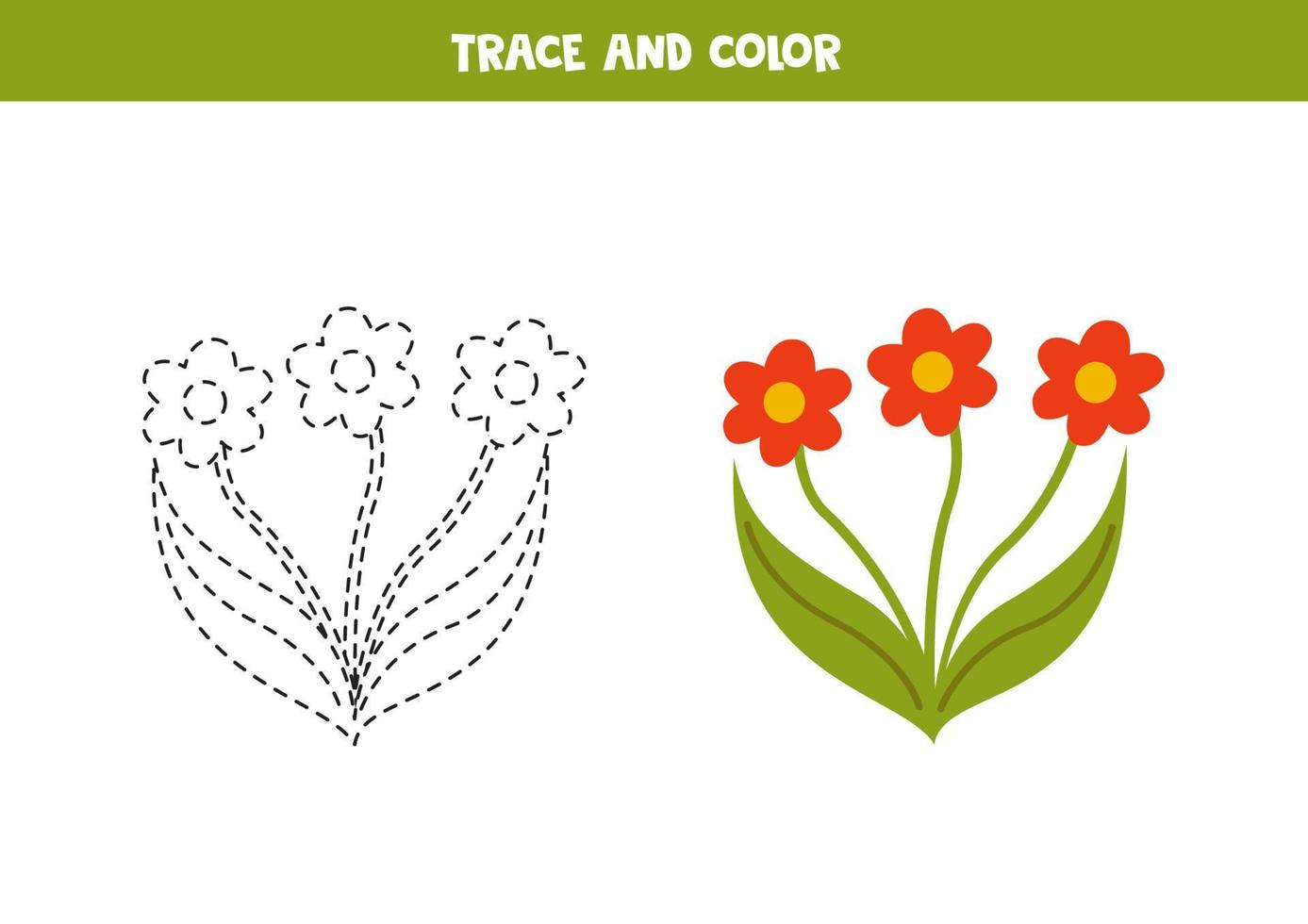 Trace and color cartoon red flowers. Worksheet for children. vector