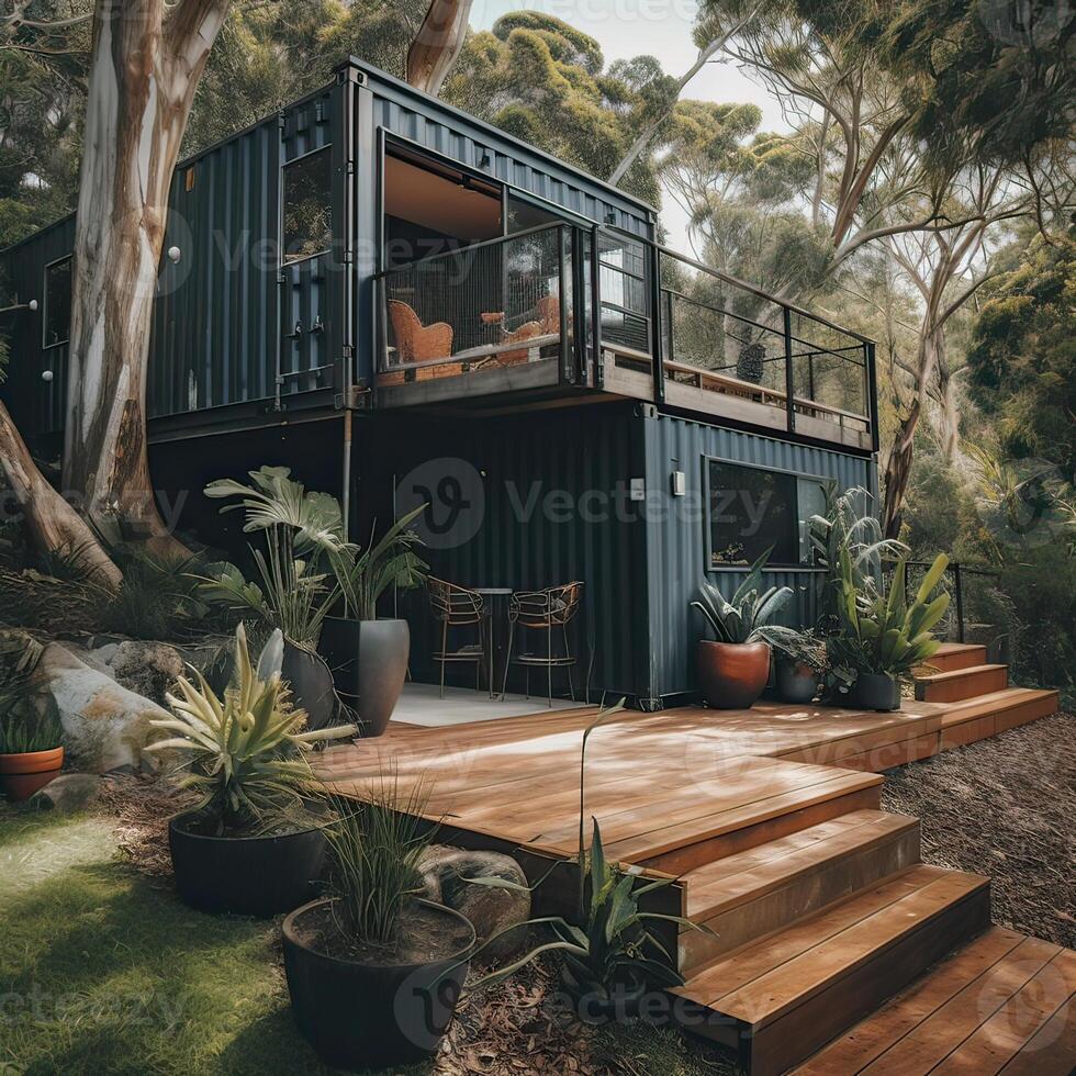 Modern metal building made from shipping containers and in forest and blue sky background. container house design in forest. photo