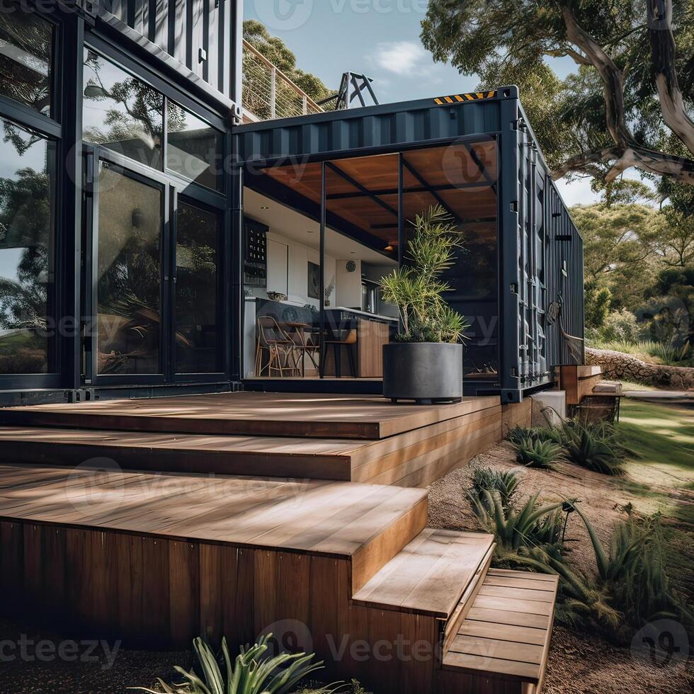 Modern metal building made from shipping containers and in forest and blue sky background. container house design in forest. photo