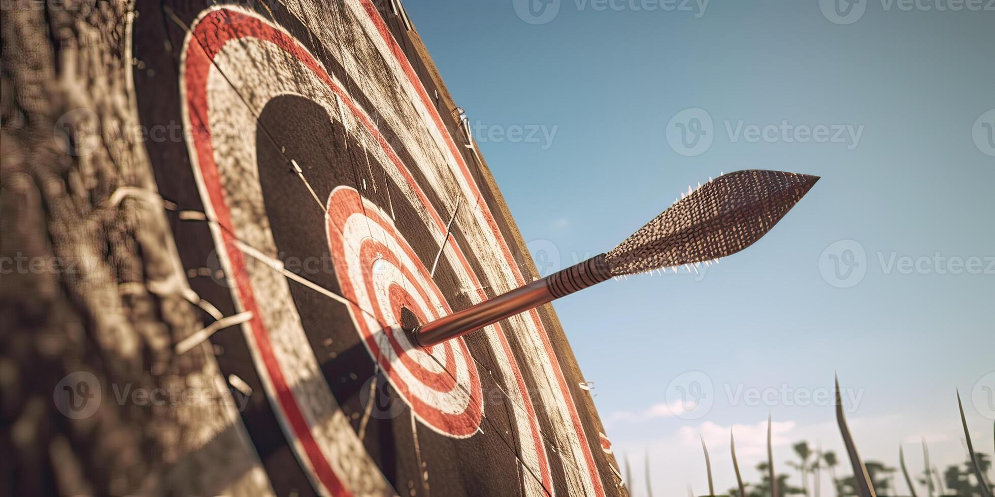 high success concept A red dart arrow aims at the target in the center of the dartboard. Target hit in the middle. . photo