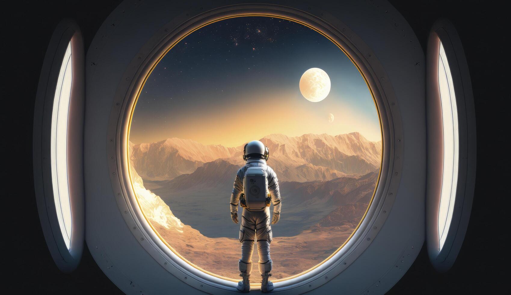 Spaceman in a spacesuit stands in front of spaceship circle window. Postproducted digital illustration. photo