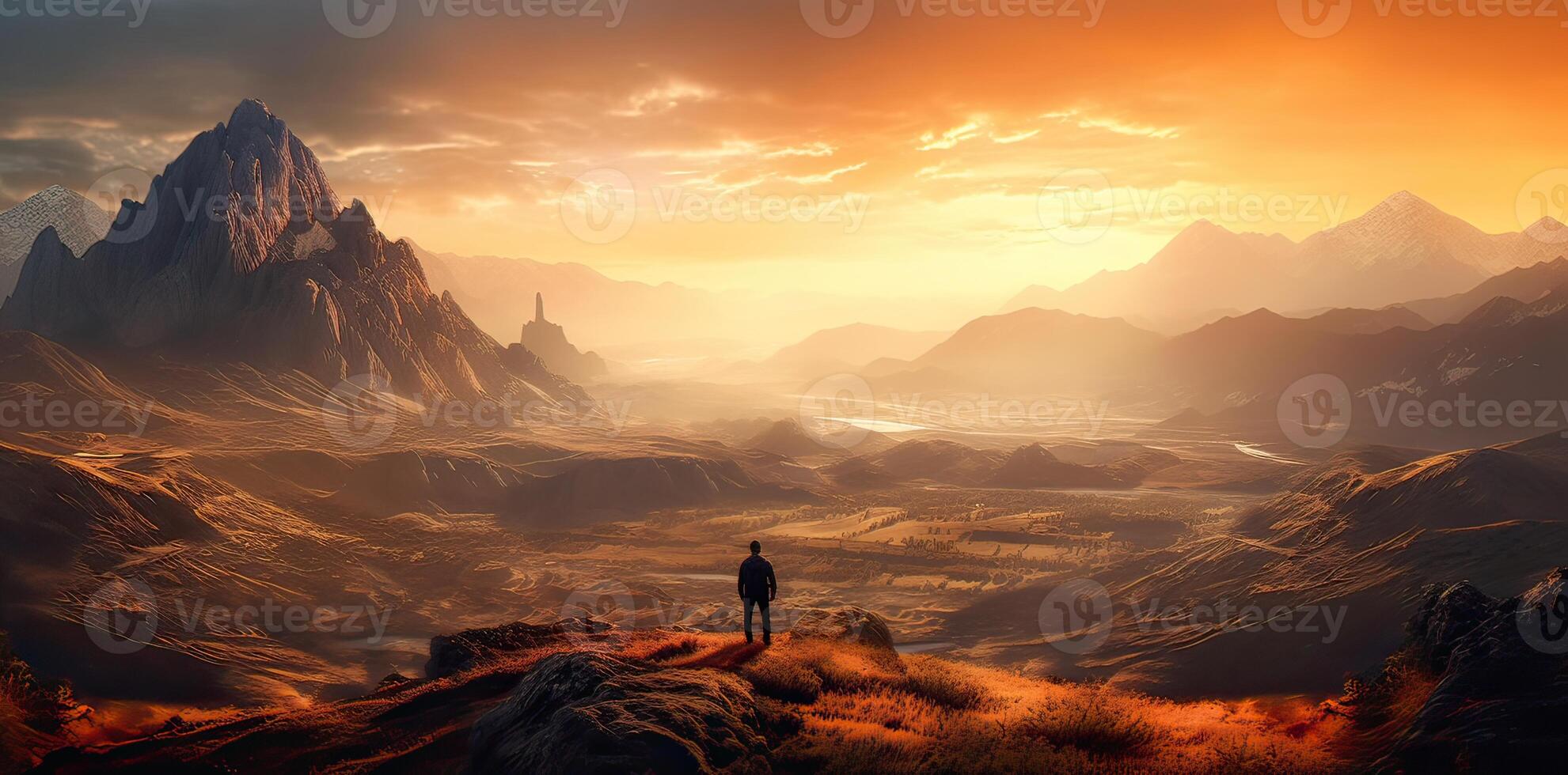 Sporty man on the mountain peak looking on mountain valley with sunbeams at colorful sunset in autumn. Landscape traveler, foggy hills, forest in fall, amazing sky and sunlight in fall. photo