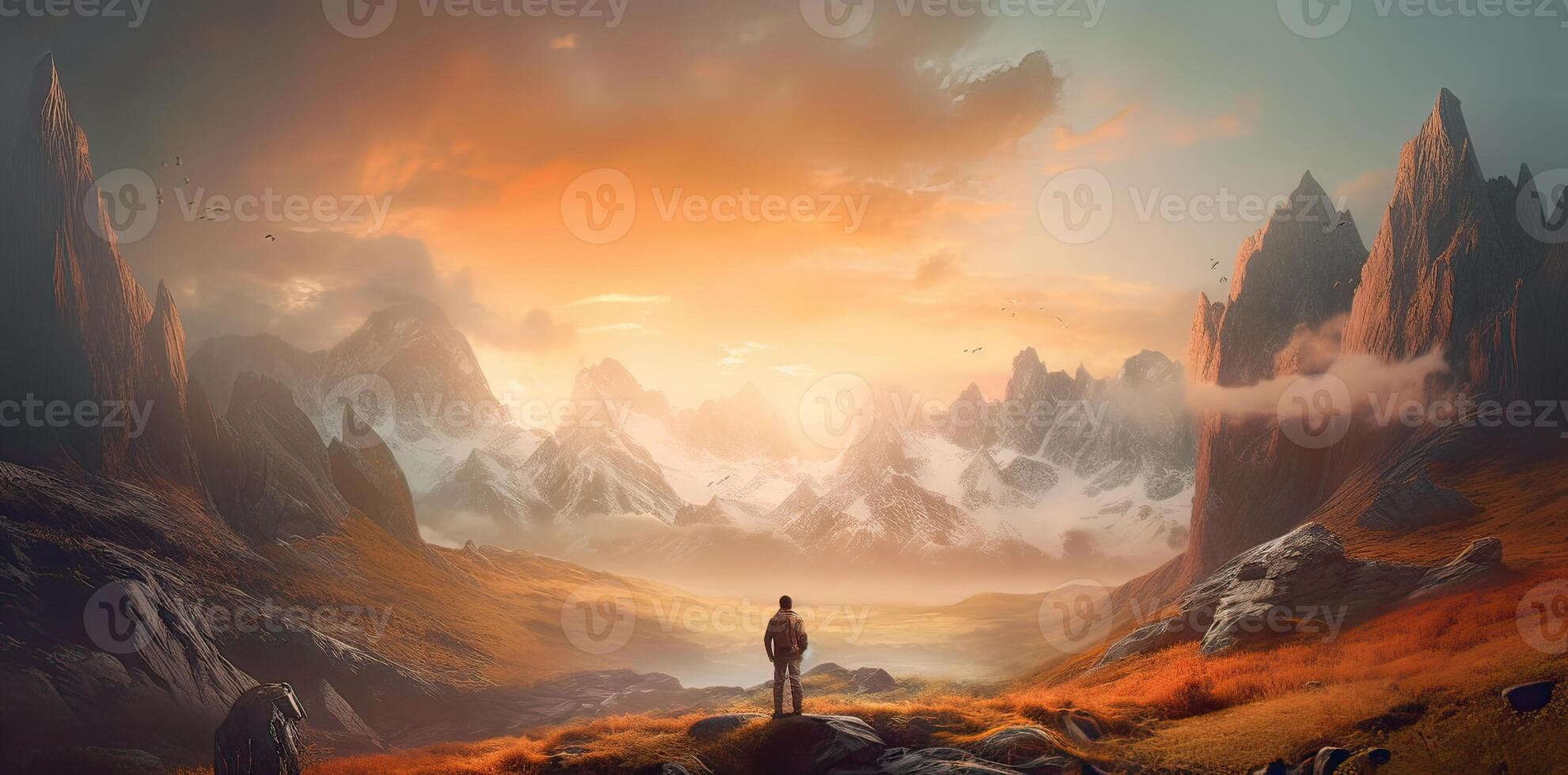 Sporty man on the mountain peak looking on mountain valley with sunbeams at colorful sunset in autumn. Landscape traveler, foggy hills, forest in fall, amazing sky and sunlight in fall. photo