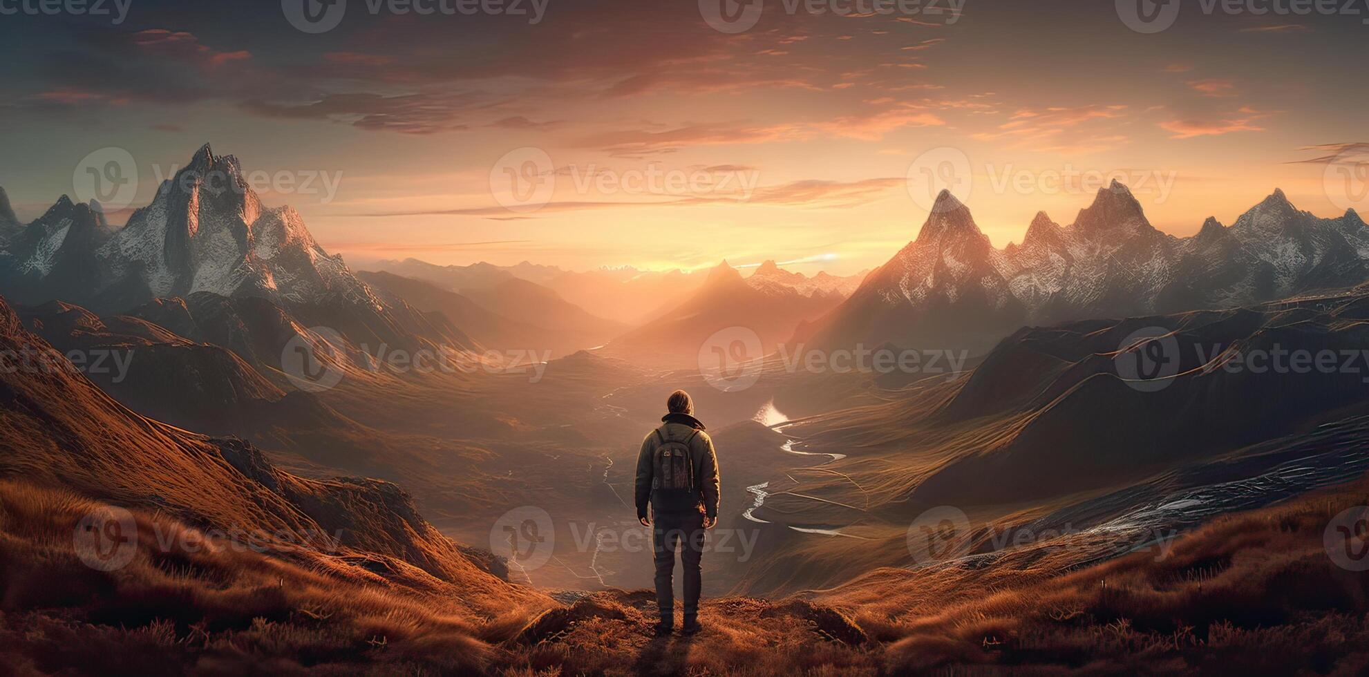 Sporty man on the mountain peak looking on mountain valley with sunbeams at colorful sunset in autumn. Landscape traveler, foggy hills, forest in fall, amazing sky and sunlight in fall. photo