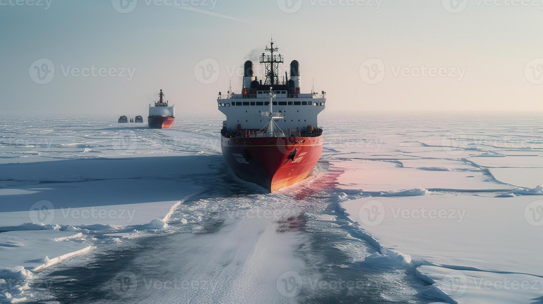 Icebreaker ship on the ice in the sea. photo