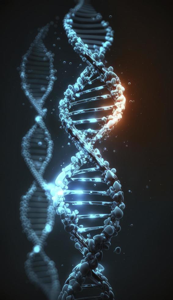 Blue chromosome DNA and gradually glowing flicker light matter chemical when camera moving closeup. Medical and Heredity genetic health concept. Technology science. 3D rendering, Generate Ai photo