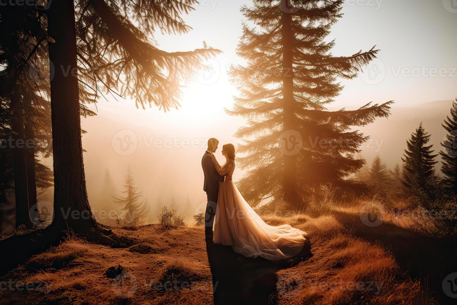 Wedding silhouette couple posing on sunset in beautiful forest at wedding day. Bride and groom in love. Non-existent person. . photo