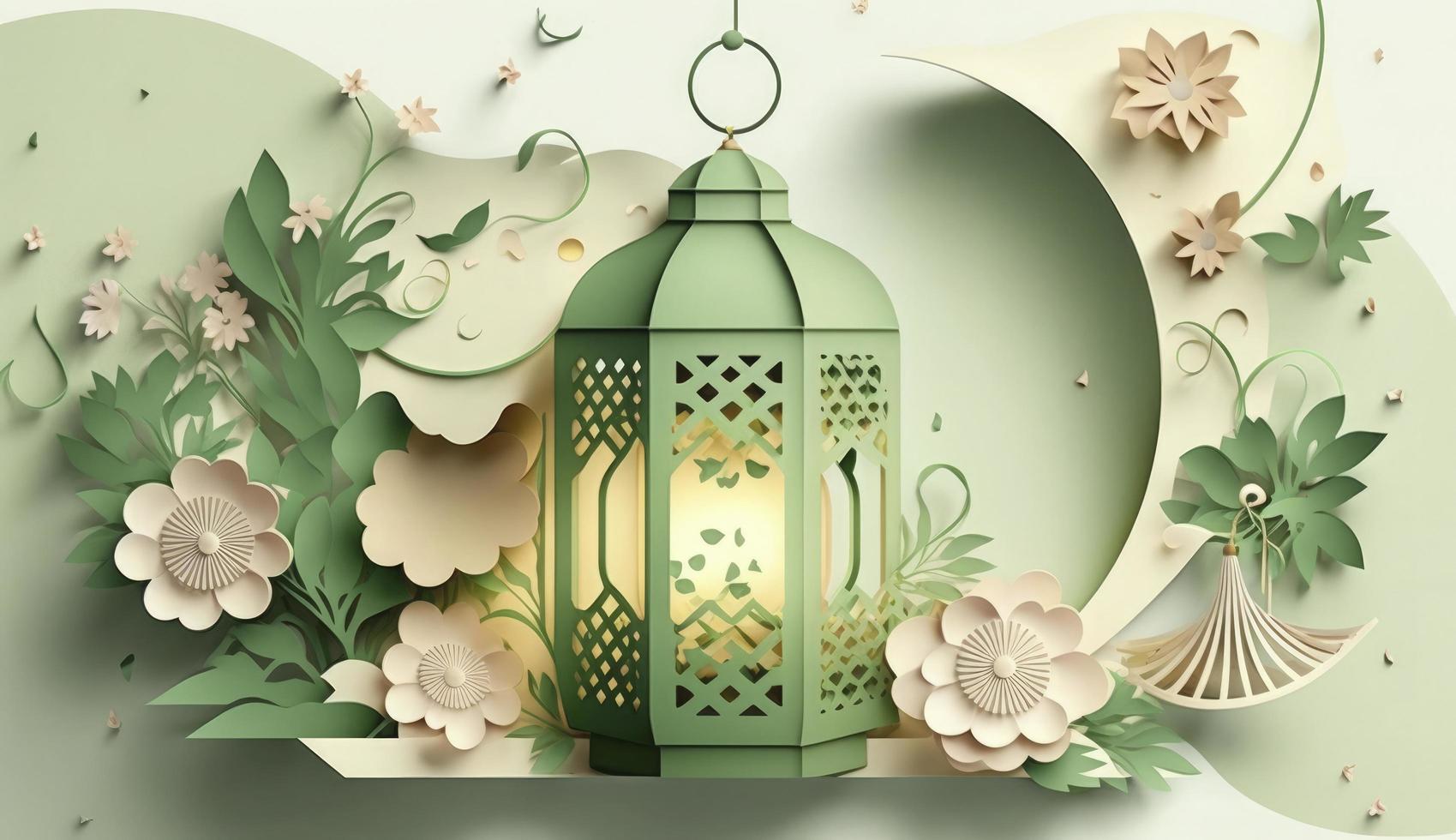 Islamic greeting Eid Mubarak cards for Muslim Holidays. Eid-Ul-Adha festival celebration. Arabic Ramadan Lantern. Decoration lamp, Generate Ai photo