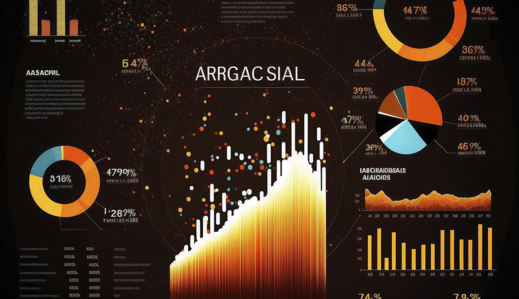 Big data analytics report. Infographic with graph and chart on abstract background. Distribution of data by business categories. Created with photo