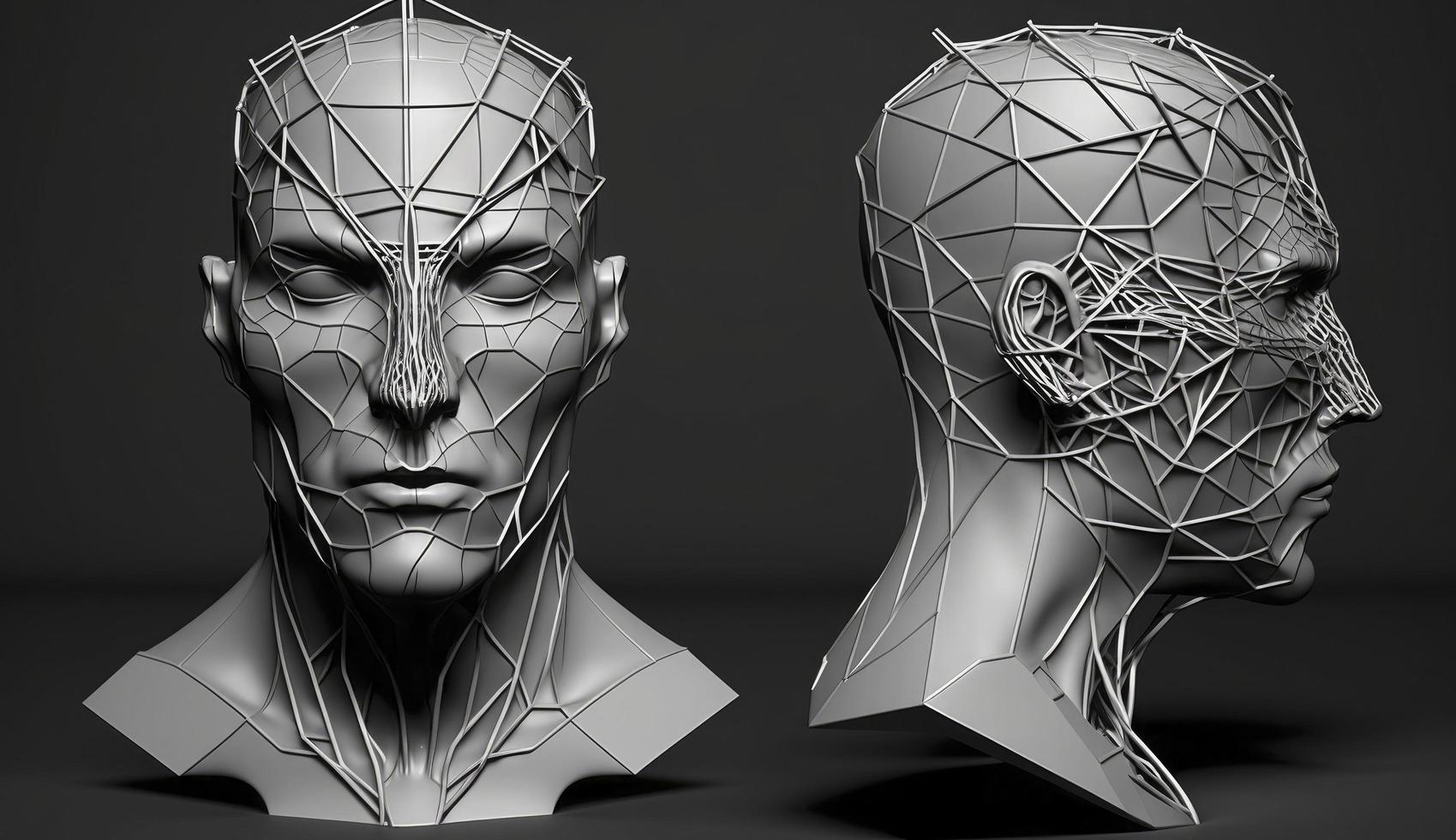 Stylized human head, 3d modeling stock illustration, Human Face, Head, Three Dimensional, Low-Poly-Modelling, Wire-frame Model, , Generate Ai photo