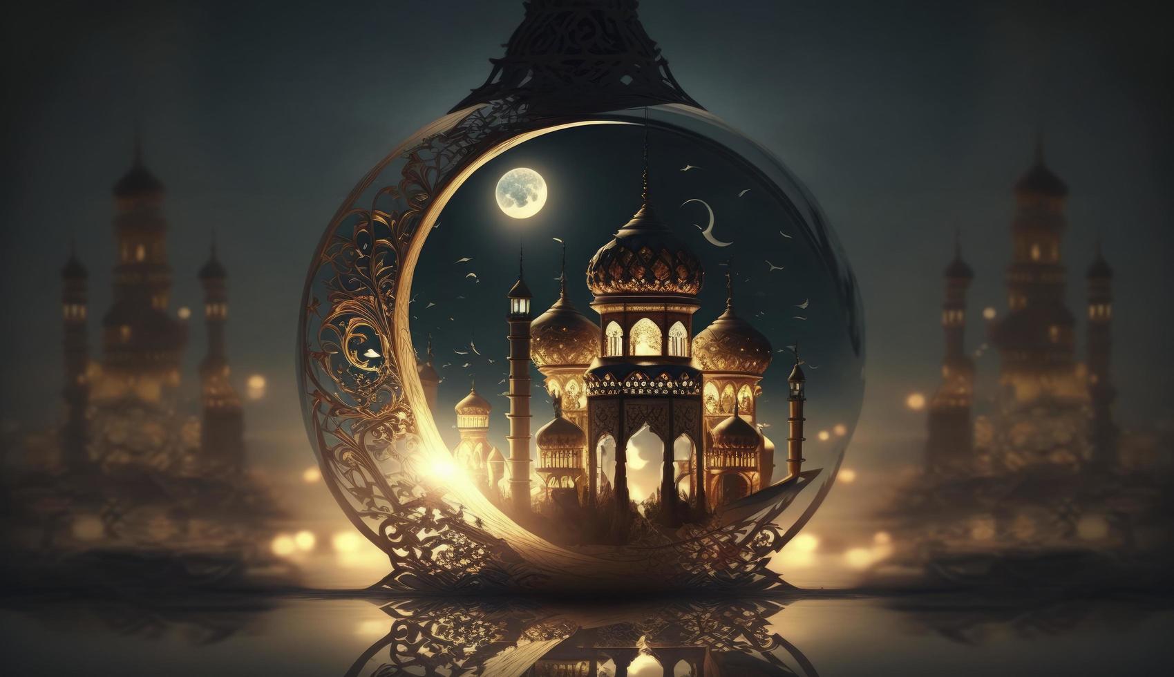 mosque and moon. 3d render and illustration, Generate Ai photo