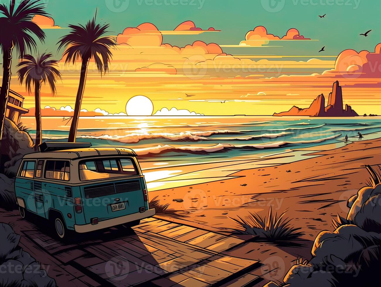 illustration of Sea landscape summer beach with palms, boat, horizon at sunset. artoon style illustration for t shirt design. . photo