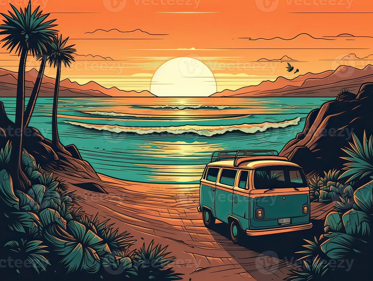 illustration of Sea landscape summer beach with palms, boat, horizon at sunset. artoon style illustration for t shirt design. . photo