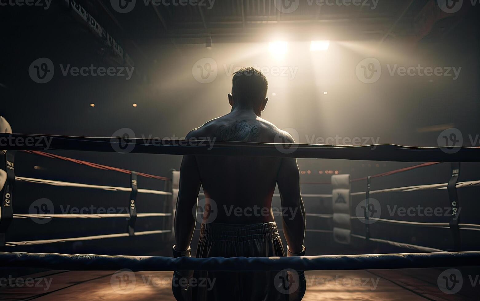 boxeo campeón en pie en arena. posterior ver de sin camisa hombre en boxeo guantes. muscular construir concepto. generativo ai. foto