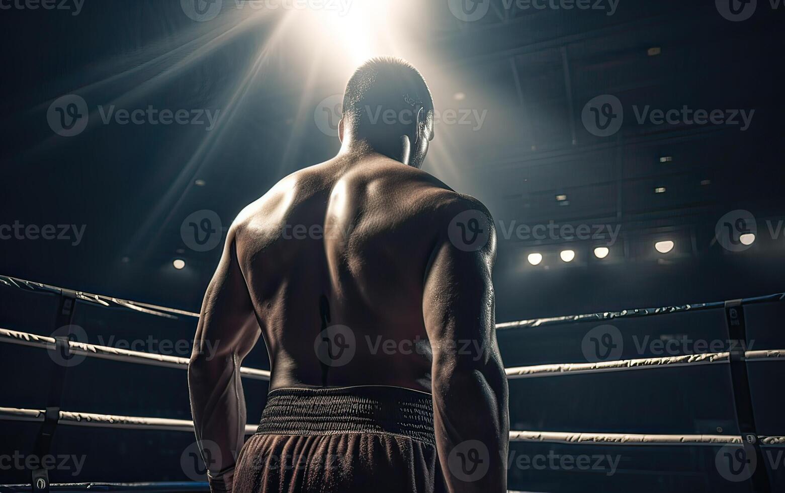 Boxing champion standing on arena. Rear view of shirtless man in boxing gloves. Muscular build concept. . photo