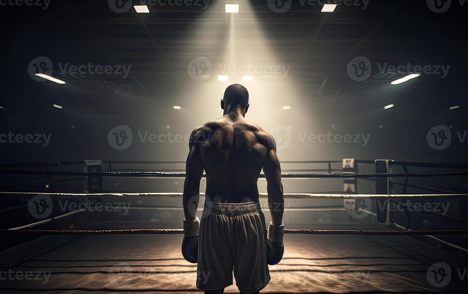 Boxing champion standing on arena. Rear view of shirtless man in boxing gloves. Muscular build concept. . photo
