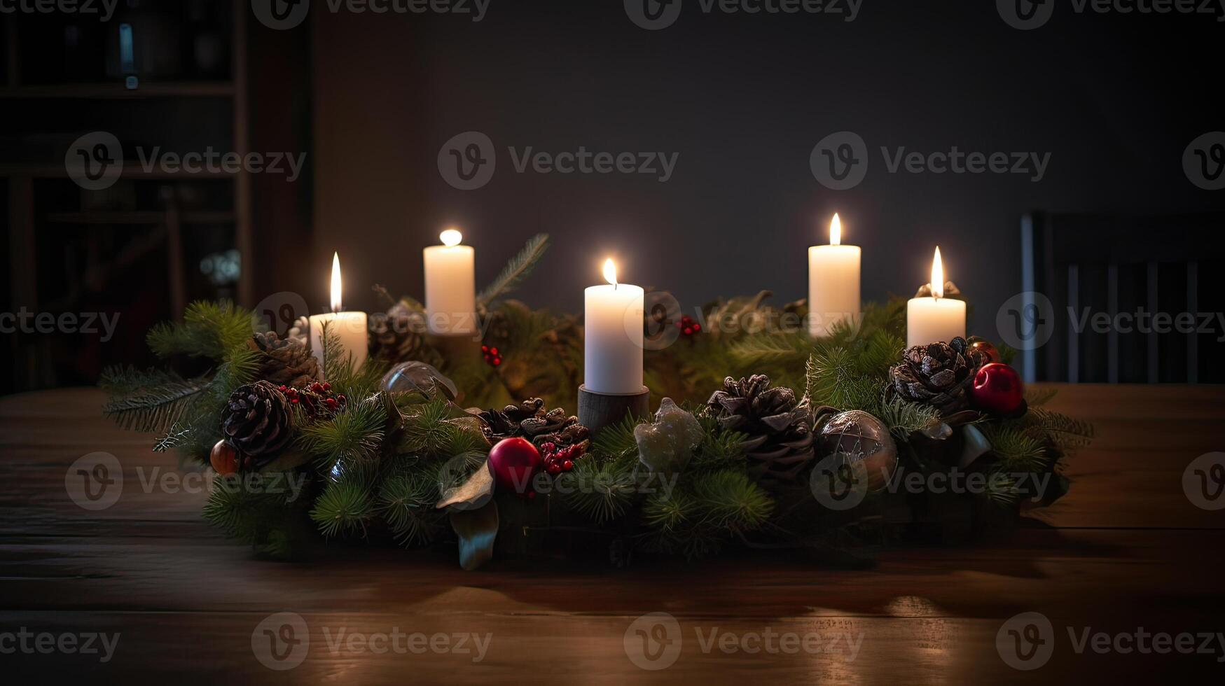 Third Advent - decorated Advent wreath from evergreen branches with white burning candles, tradition in the time before Christmas, copy space, selected focus. . photo
