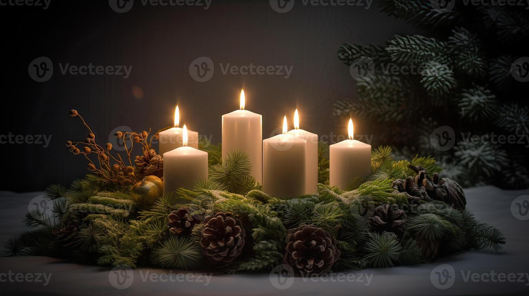 tercero adviento - decorado adviento guirnalda desde hojas perennes ramas con blanco ardiente velas, tradicion en el hora antes de Navidad, Copiar espacio, seleccionado enfocar. generativo ai. foto