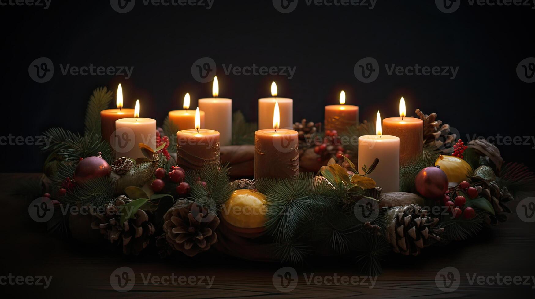 Third Advent - decorated Advent wreath from evergreen branches with white burning candles, tradition in the time before Christmas, copy space, selected focus. . photo