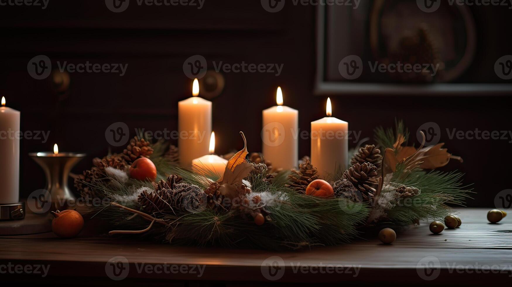 tercero adviento - decorado adviento guirnalda desde hojas perennes ramas con blanco ardiente velas, tradicion en el hora antes de Navidad, Copiar espacio, seleccionado enfocar. generativo ai. foto