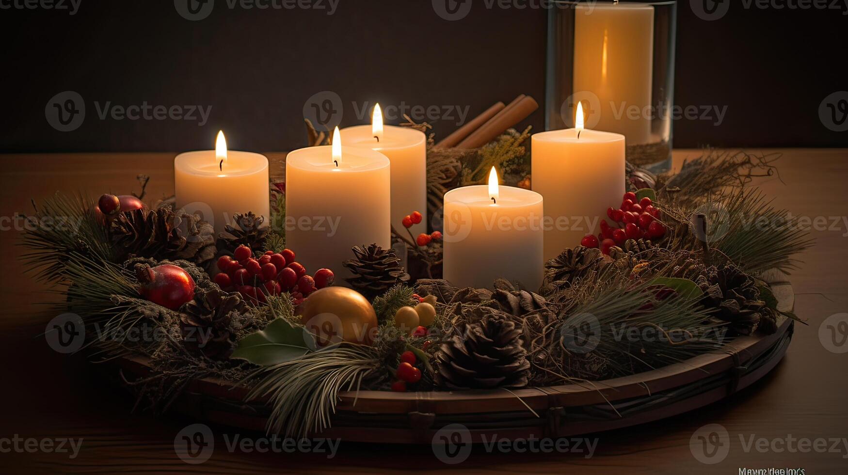 Third Advent - decorated Advent wreath from evergreen branches with white burning candles, tradition in the time before Christmas, copy space, selected focus. . photo