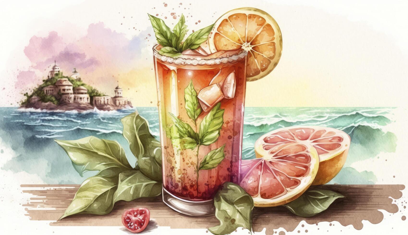 grapefruit summer cocktail on sea, watercolor style illustration, photo