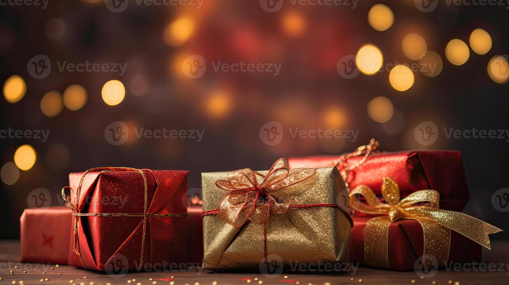 Christmas presents wrapped in red paper with gold ribbon on on wooden table background and bokeh. Place for typography and logo. Copy space. . photo