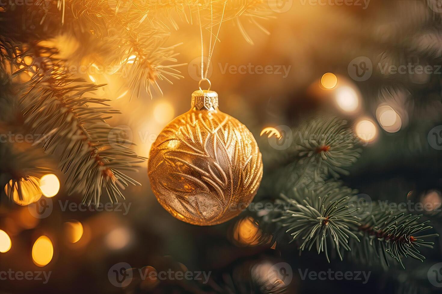 Close up view of beautiful fir branches with shiny gold bauble or ball, xmas ornaments and lights, christmas holidays background. . photo