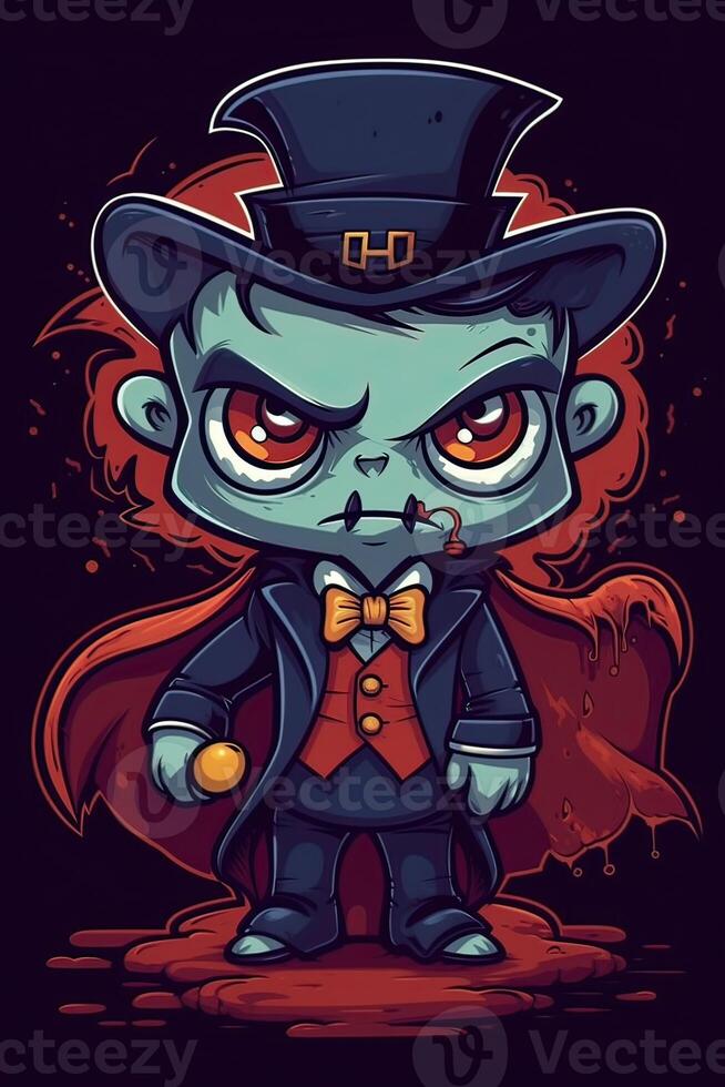 cute cartoon vampire Halloween. Happy Halloween. Count Dracula wearing black and red cape. Cute cartoon vampire character. can be used for t-shirt graphics, print. Vector illustration. . photo