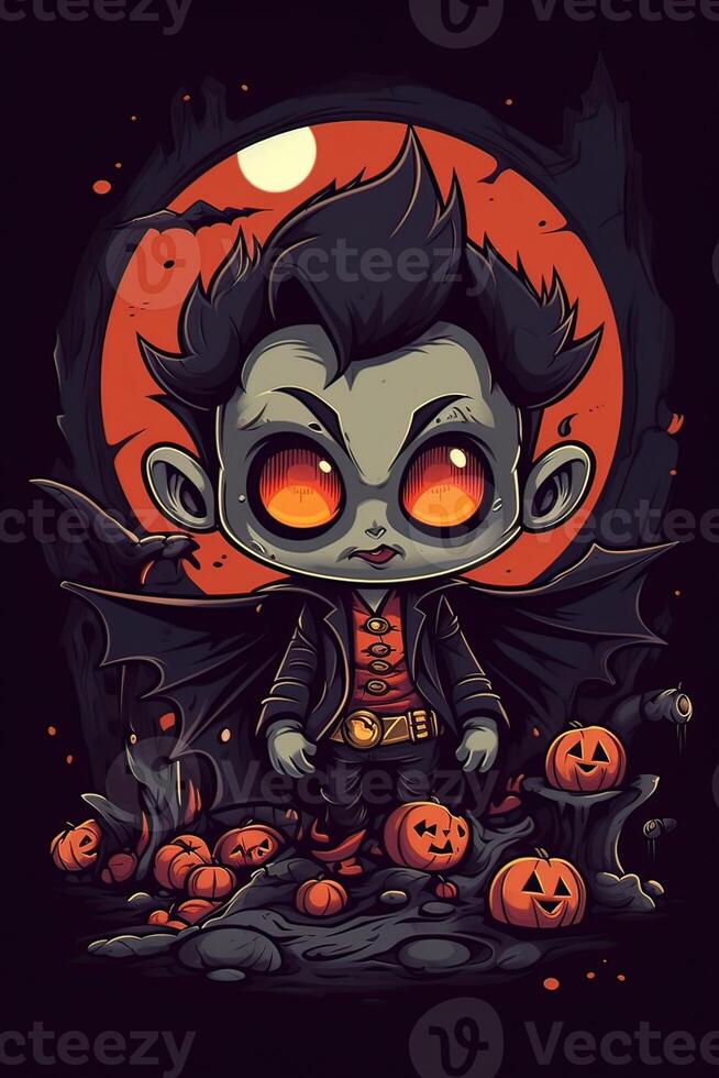 cute cartoon vampire Halloween. Happy Halloween. Count Dracula wearing black and red cape. Cute cartoon vampire character. can be used for t-shirt graphics, print. Vector illustration. . photo