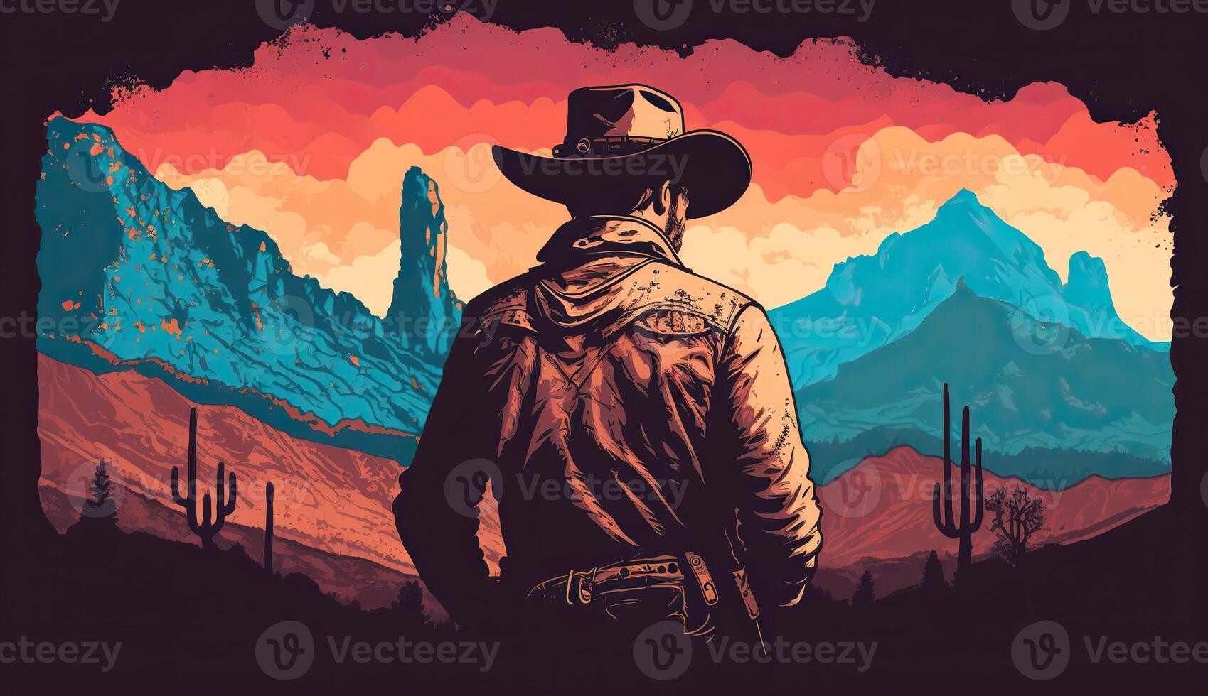 . . Western native american landscape with lonely cowboy and desrt rocks. Wild west. Graphic Art photo