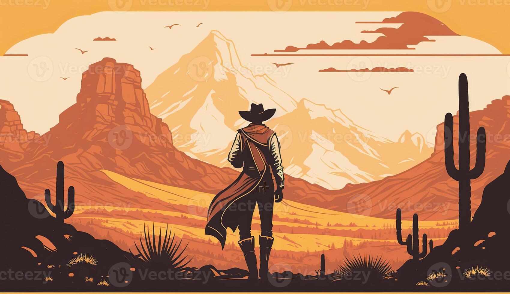 . . Western native american landscape with lonely cowboy and desrt rocks. Wild west. Graphic Art photo