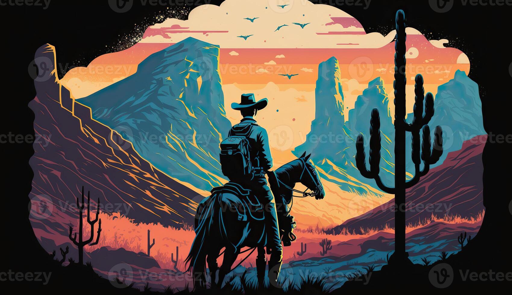 . . Western native american landscape with lonely cowboy and desrt rocks. Wild west. Graphic Art photo