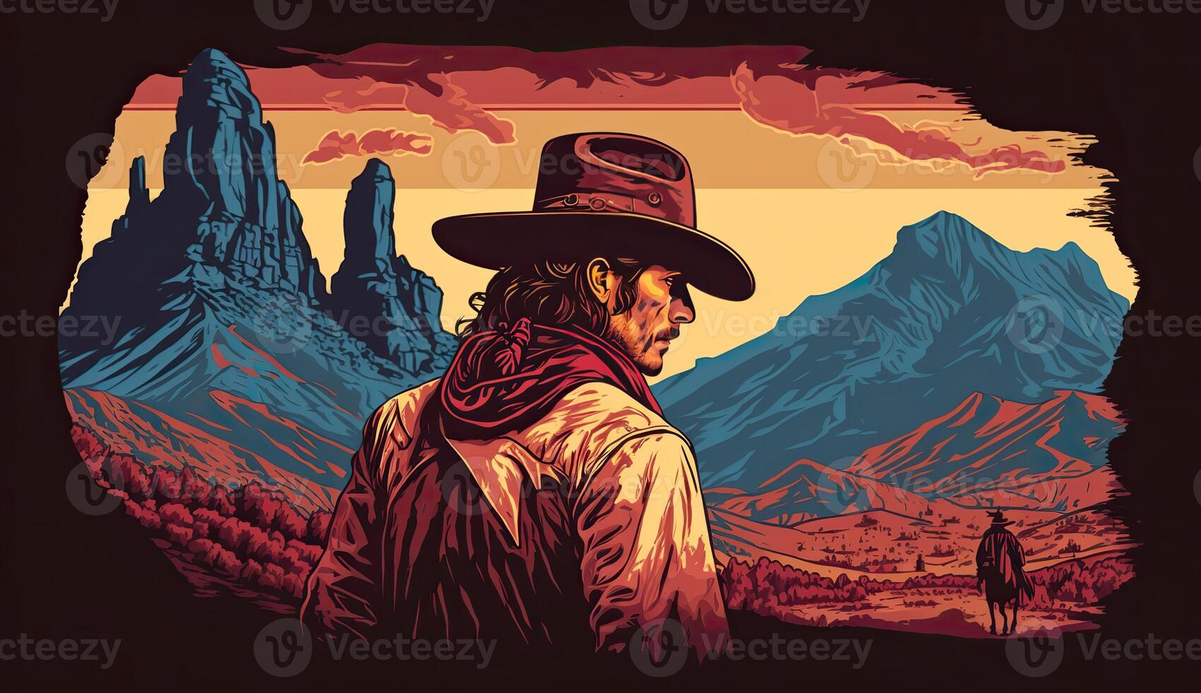 . . Western native american landscape with lonely cowboy and desrt rocks. Wild west. Graphic Art photo