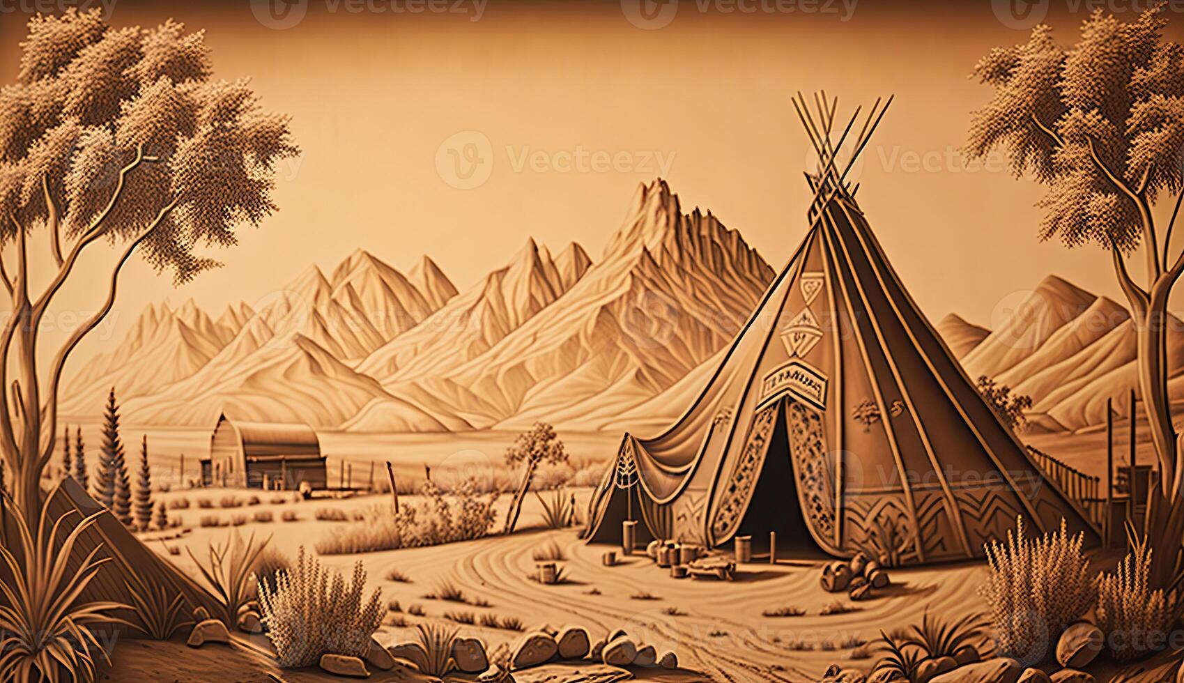 . . Native american western scene background with cowboy wigwam desrt and rocks. Can be used for home decoration. Wild west. Graphic Art photo