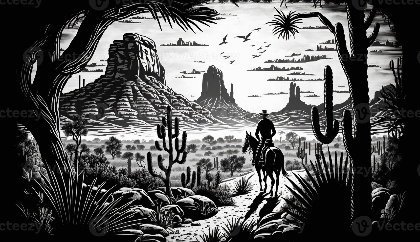 . . Native american western scene background with cowboy wigwam desrt and rocks. Can be used for home decoration. Wild west. Black and white. Graphic Art photo