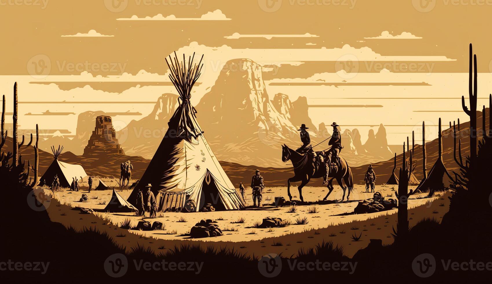 . . Native american western scene background with cowboy wigwam desrt and rocks. Can be used for home decoration. Wild west. Graphic Art photo