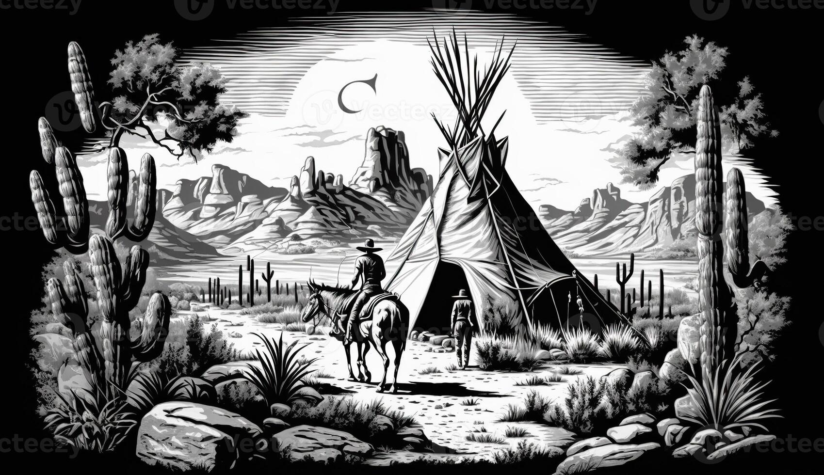 . . Native american western scene background with cowboy wigwam desrt and rocks. Can be used for home decoration. Wild west. Black and white. Graphic Art photo
