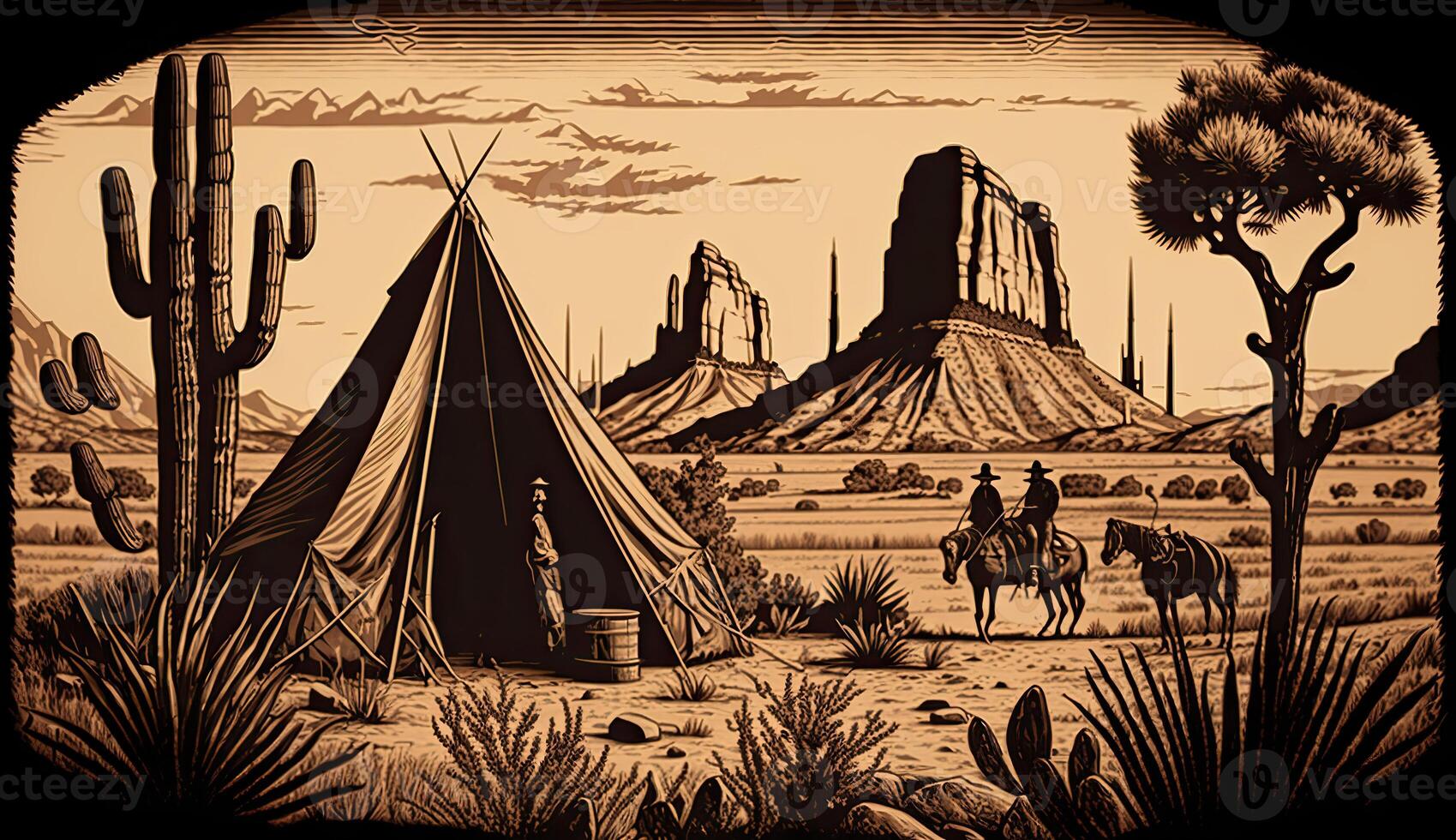 . . Native american western scene background with cowboy wigwam desrt and rocks. Can be used for home decoration. Wild west. Graphic Art photo