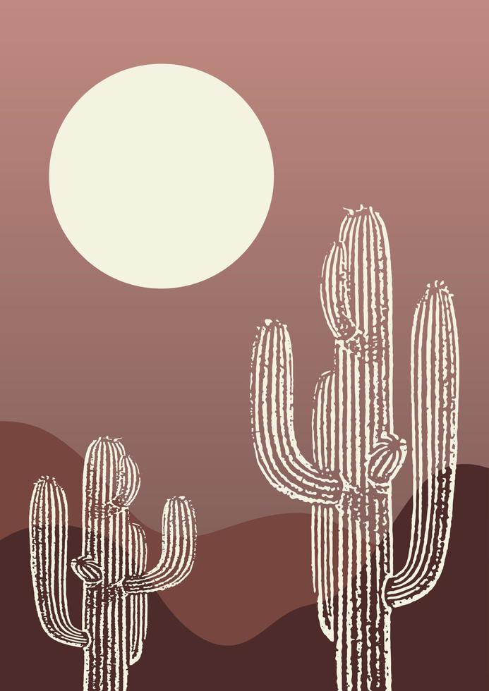 Contemporary aesthetic cactus in desert landscape poster. Saguaro in the night valley. Boho gradient wall decor. Mid century modern monochrome art print. vector