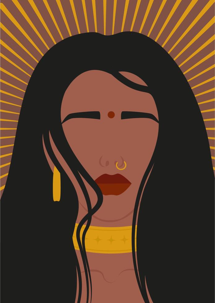 Abstract illustration of young Indian woman with sun. Contemporary art poster with lady in traditional style. Minimalistic faceless hindu woman. vector