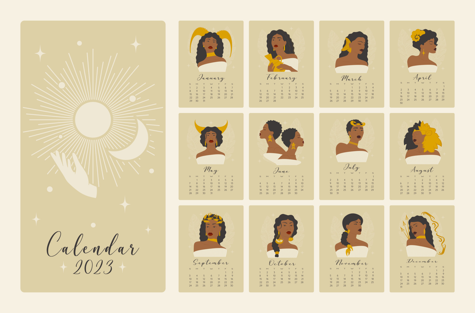 Calendar with astrological contemporary signs cartoon illustrations ...