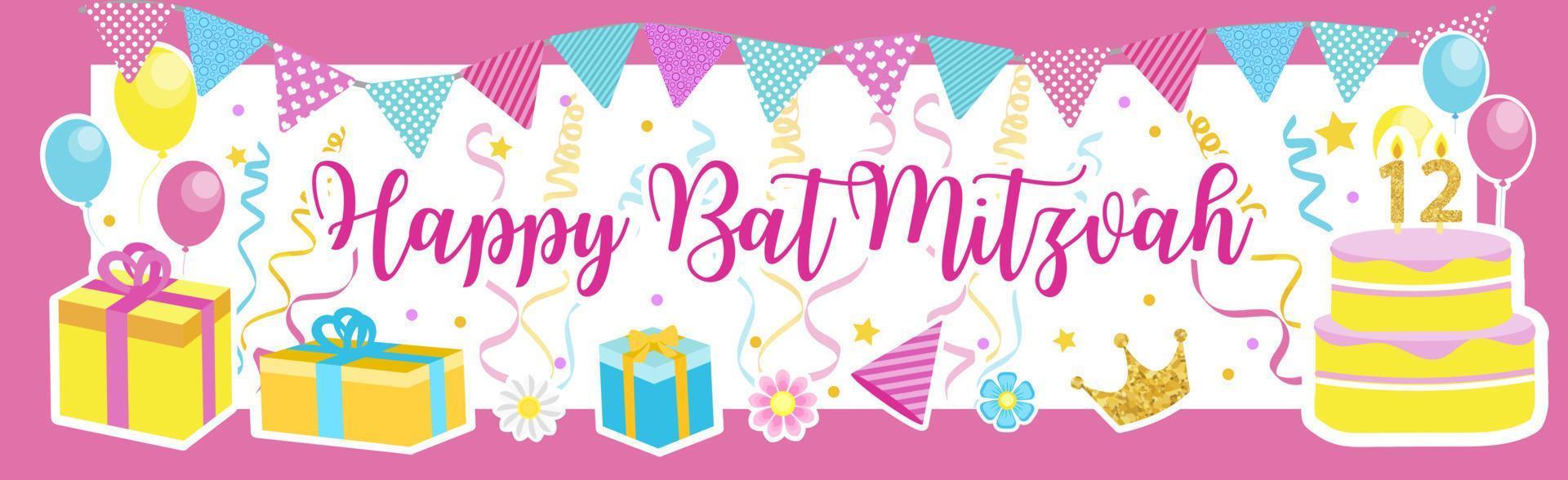 Bat Mitzvah invitation or congratulation card. Jewish holiday, girl's birthday. vector